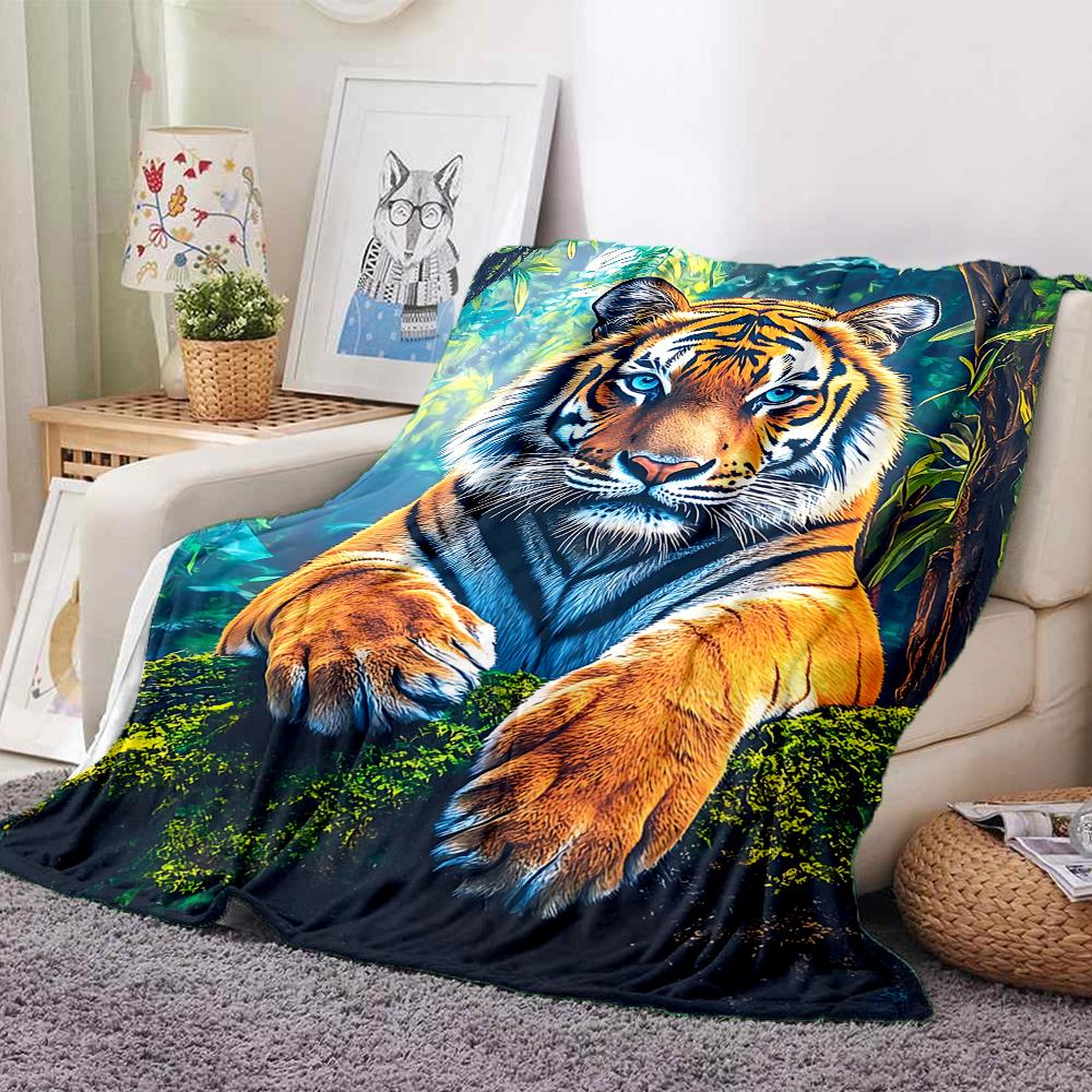 1Pc Tiger Jungle Flannel Blanket, Soft And Comfortable, Casual Warm, Camping Travel, Christmas, Halloween Xmas Gift. G1228