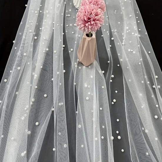 Yousheng 9.8FT Gauze Table Runner Chiffon Cheesecloth Table Runner with Faux Pearls Dining Table Decor Cloth for Home Birthday Holiday Party