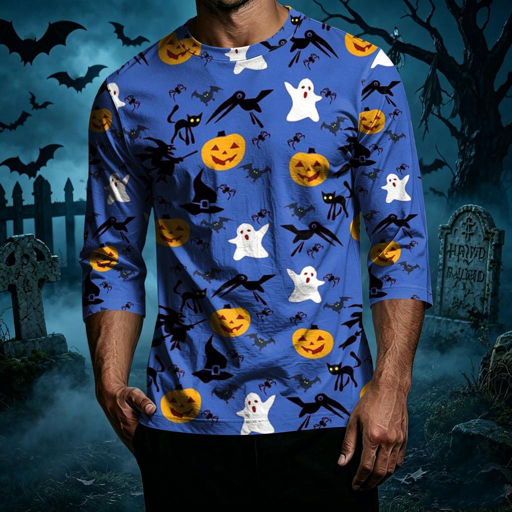 Men's Casual Halloween Print Crew Neck T-Shirt Three Quarter Sleeve Relaxed Fit Lightweight Cotton Blend Top for Everyday Wear