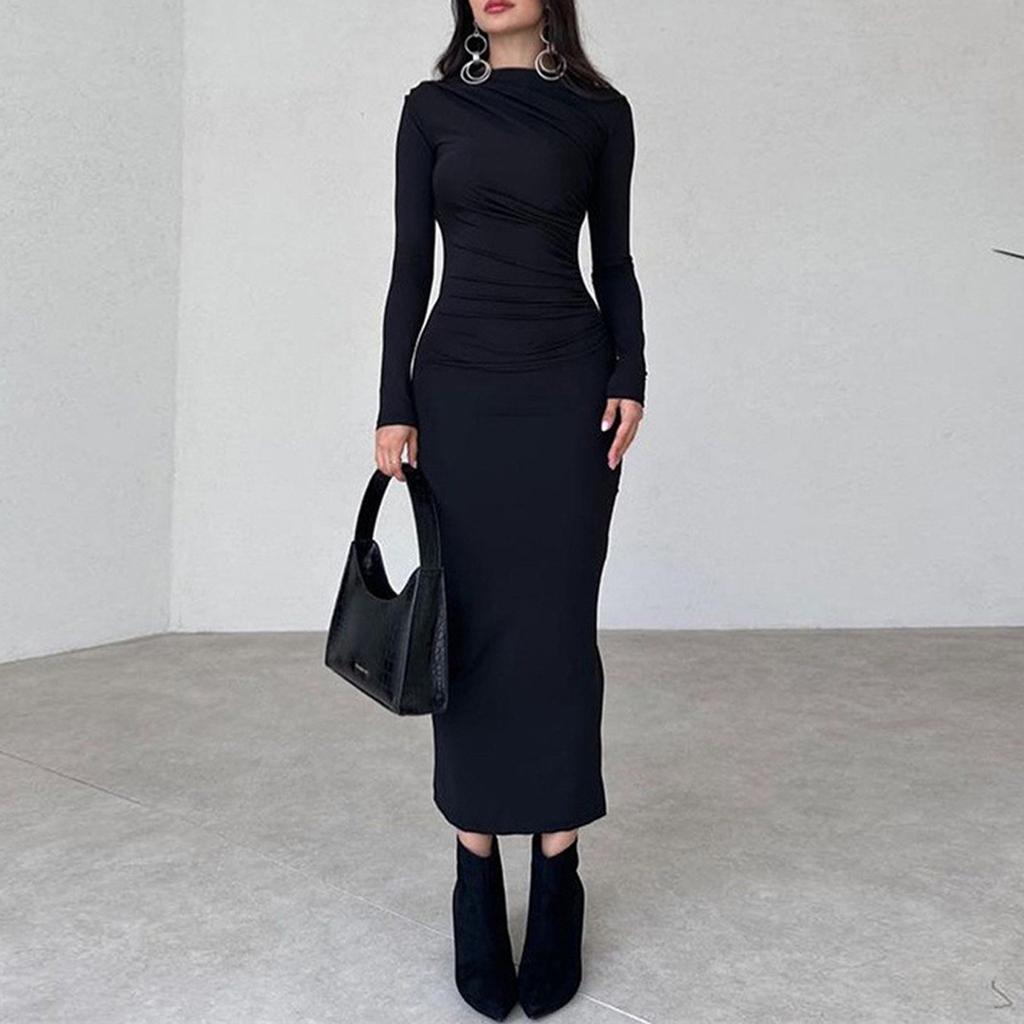 Women's Fall Long Sleeve Bodycon Maxi Dresses Sexy Ruched Neck Slim Fit Cocktail Party Dress