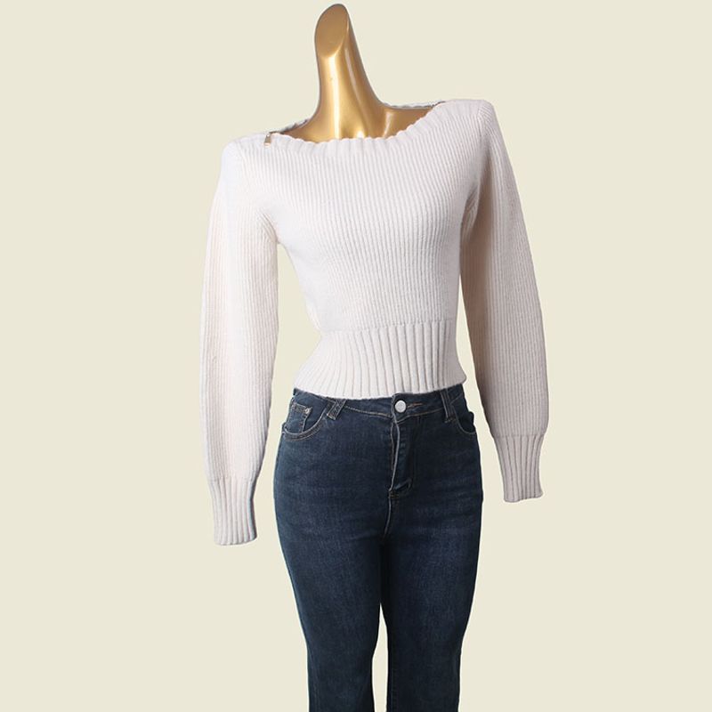 Polish Card off-the-Shoulder Sweater Sweater Fashion Style Export Metal Zipper Waist-Controlled Long Sleeves Autumn and Winter Undershirt