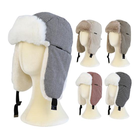 Lei Feng Hat Plaid Print Velvet Lining Buckle Closure Ear Protection Hat Windproof Cold Weather Outdoor Hat