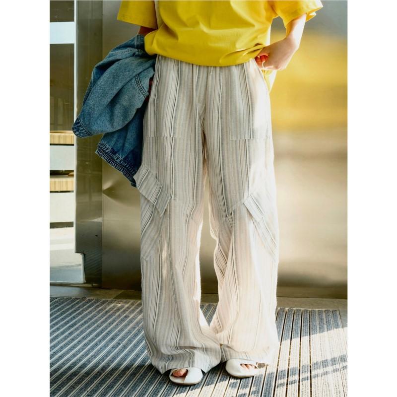 Johnature Summer Korean Lazy Retro Striped Women Pants Straight Drape Casual Full Length Pants