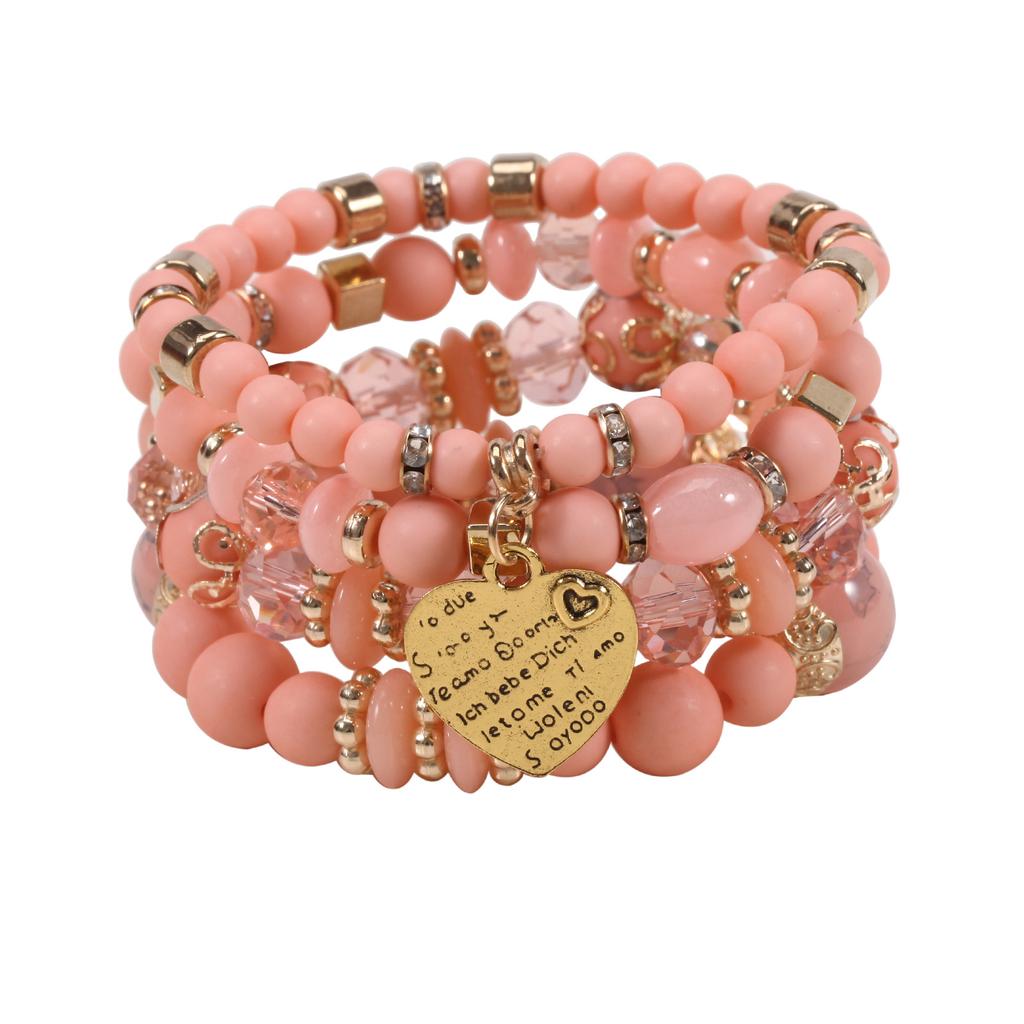 Bohemian Bead Peach Heart Bracelet Of Jewelry Elastic Four Piece Set