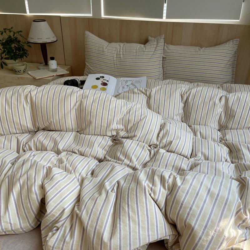 Ins Nordic Bedding Set Striped Pure Cotton Duvet Cover Set Skin-Friendly Single Twin Full Queen Size Flat & Fitted Sheets Set