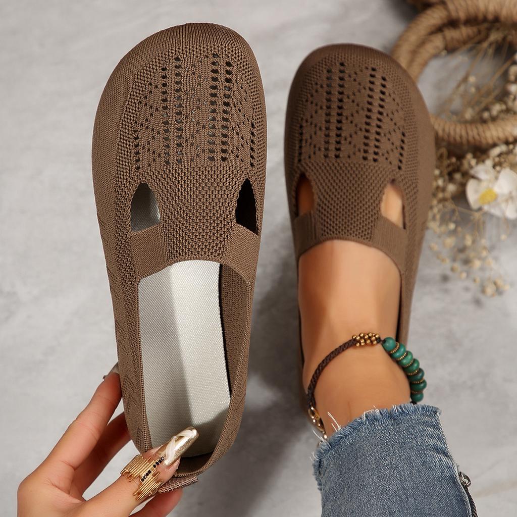 Women's Flat Round Toe Knitted Shoes Women's Solid Color Slip On Walking Mesh Shoes Breathable Daily Ladies Shoes Footwear