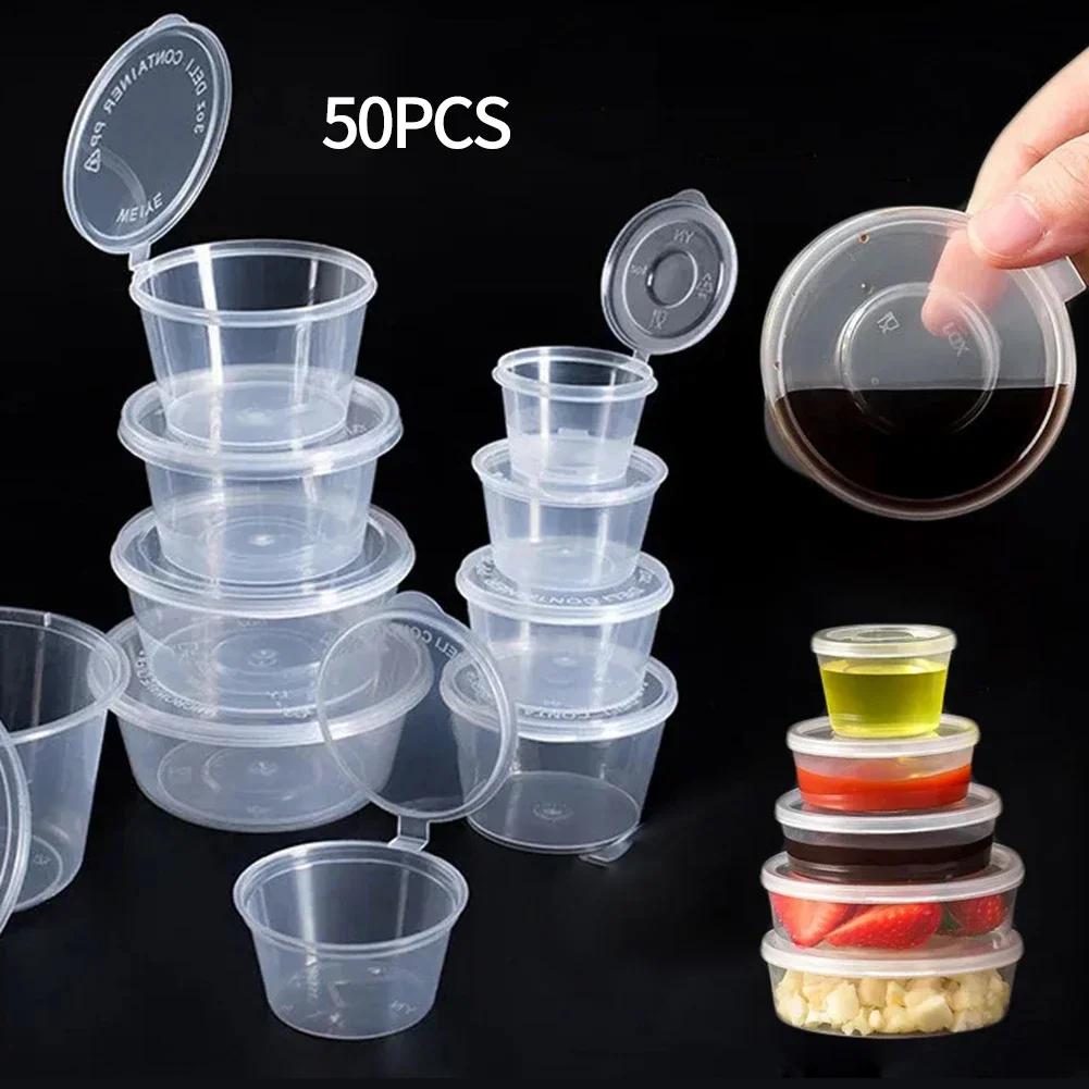 50PCS With Lids Kitchen Organizer Disposable Sauce Pot Food Small Sauce Container Boxes Plastic Clear Chutney Chili Sauce