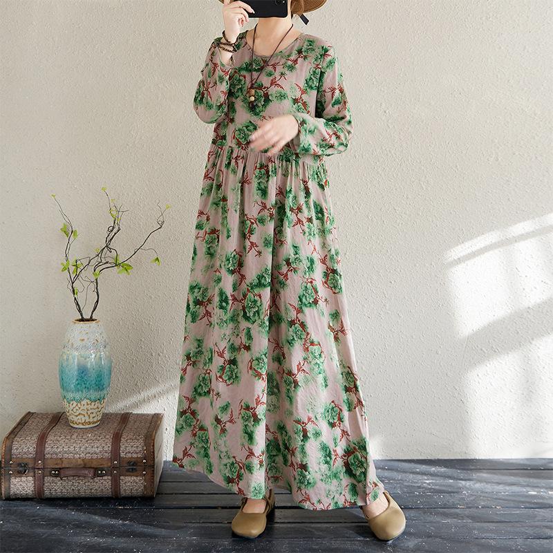 Early Spring Floral Vacation Style Travel Round Neck Retro Long Dress for Women Long Sleeved Vintage Dresses