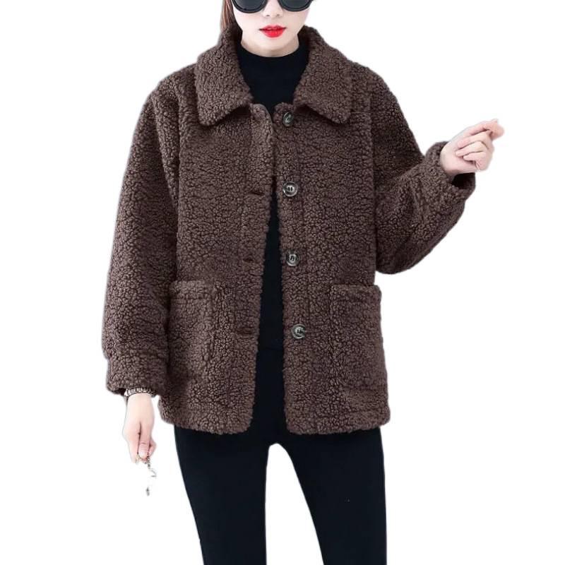 Dámská krátká bunda z jehněčí vlny plus size - Jarní/podzimní volný střih, jednodílná z částicového fleecu