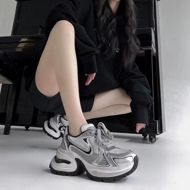 Fashion Dad Shoes Women's Platform Heightening Casual Shoes Leather Silver Mesh High Heels Sneakers Women