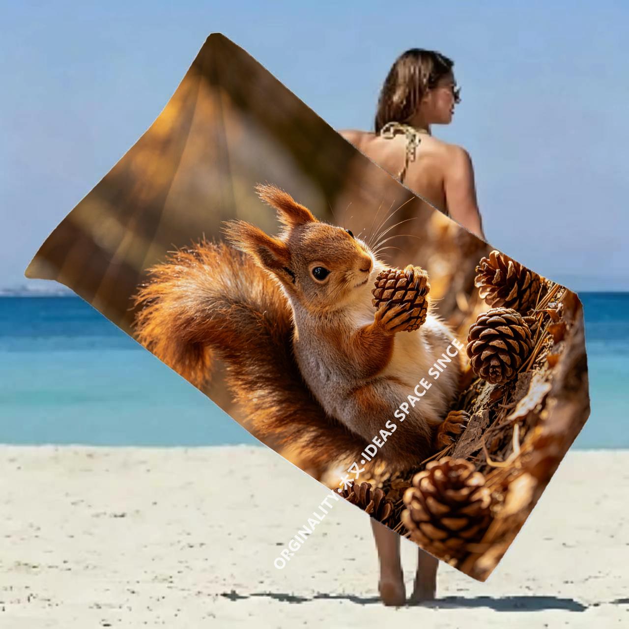 Cute Squirrel Pinecone Beach Towel Patterned Sunscreen And Windproof Suitable For Swimming Pool Camping Travel 35x75cm&1pc