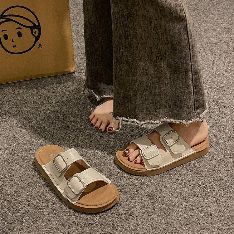 2025 summer new belt buckle half slippers women's non-slip casual Boken versatile retro one-word open-toed cool slippers