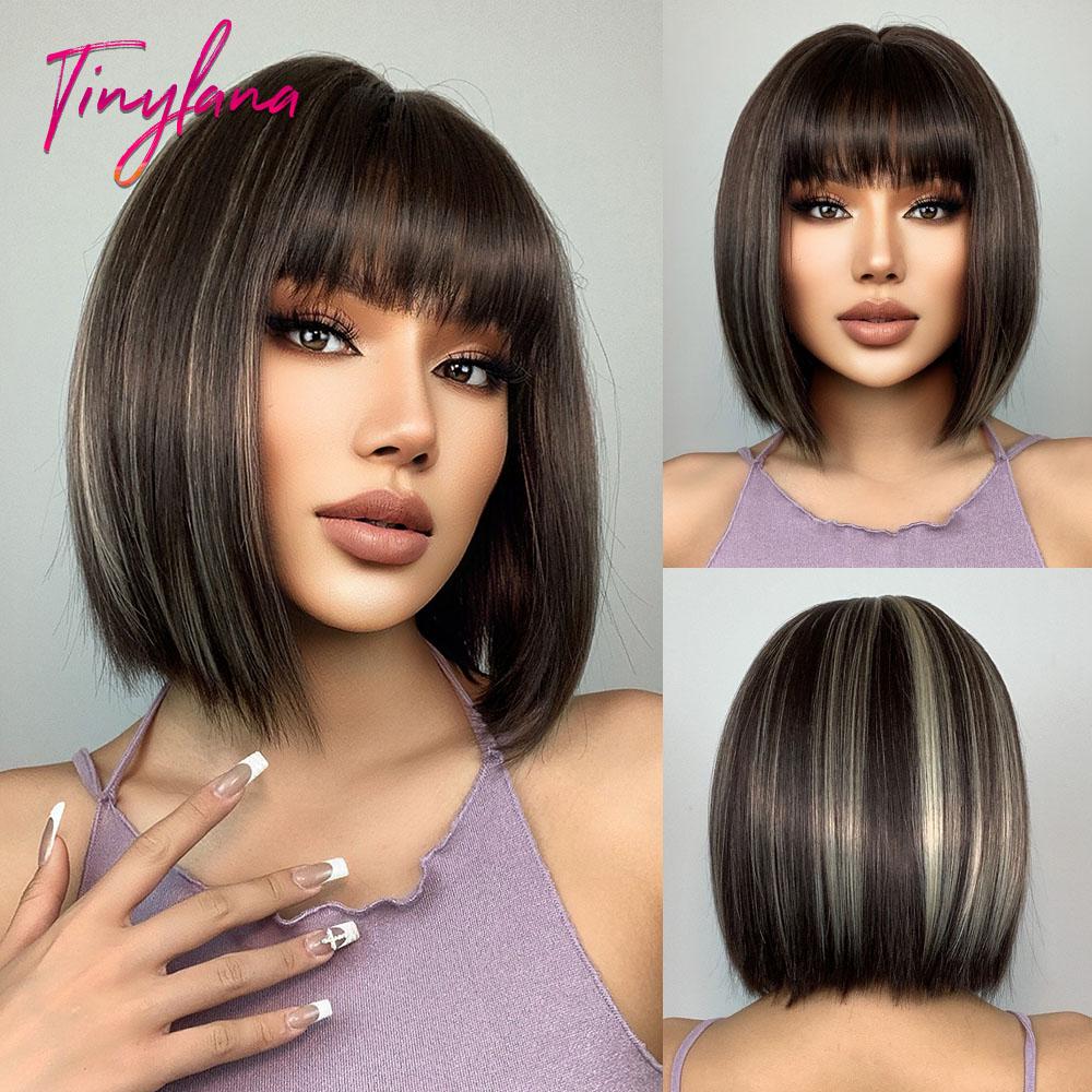 Weiße blonde graue synthetische Perücken mit Pony, kurze gerade Bob-Haarperücke für Frauen, Cosplay, tägliches natürliches Haar, hitzebeständig