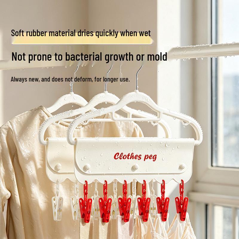 Portable Folding Clothes Hanger with Multi-Clips for Travel, Hotel & Business Trips - Soft Rubber for Drying Underwear & Socks