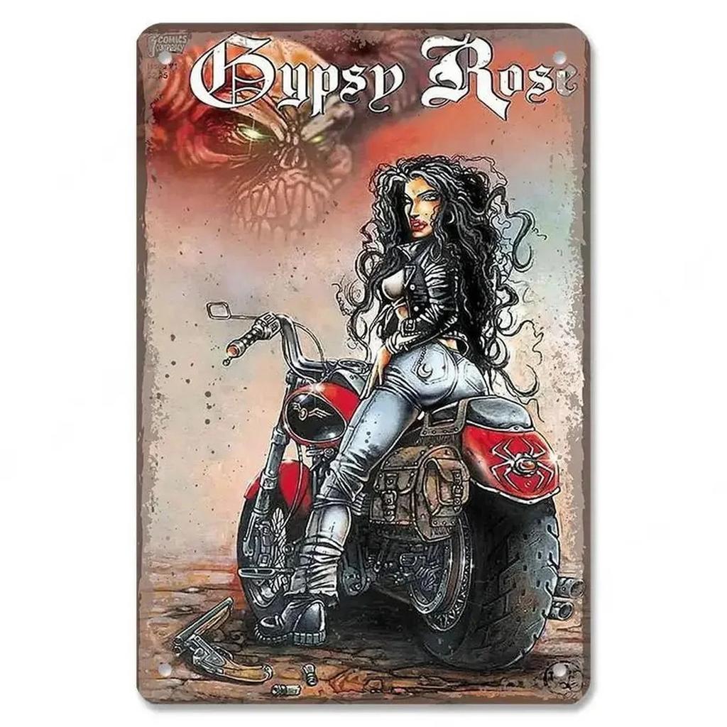 MotorcycleVintageCo Pinup Kovové cedule - Vintage umělecké plakáty - Železná malba Nástěnná dekorace - Pozvedne výzdobu v pánském doupěti a baru