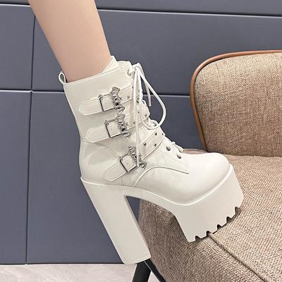 14CM Alla Moda da Donna, Tacco Grosso Impermeabile con Plateau Catena di Perle, Fibbia Punk Stile Suola Spessa Stivale da Moto
