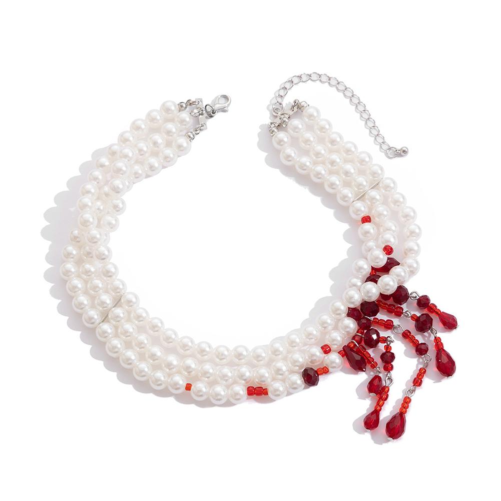 

Punk Style Multi-layered Pearl Beaded Necklaces Multilayer Dripping Blood Pearl Choker Necklace Halloween Jewelry Decorations білий