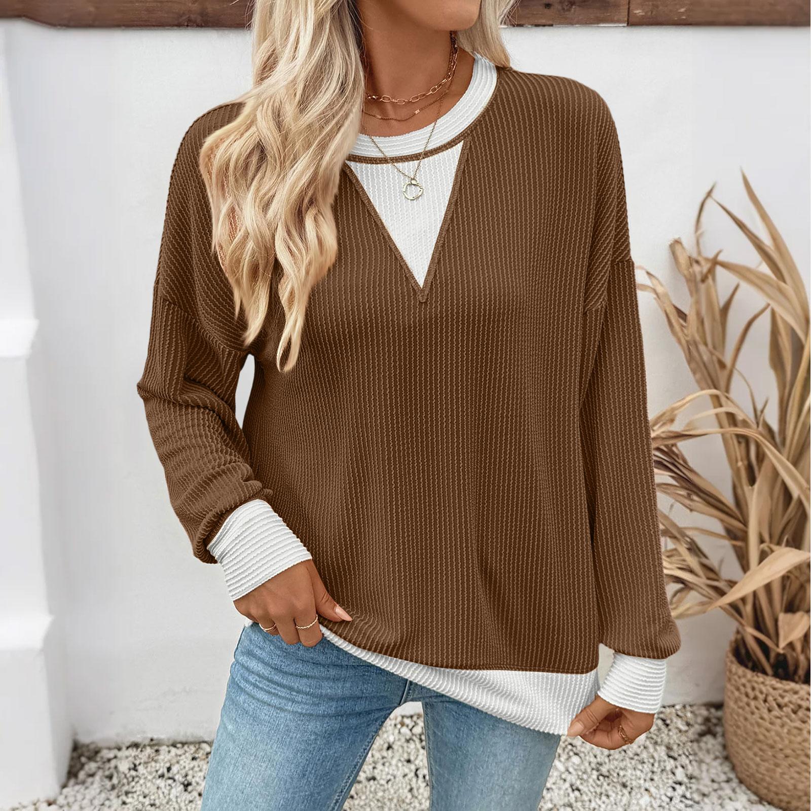 

Женский повседневный свободный свитшот колор-блок с круглым вырезом и длинным рукавом с полосками в виде скруток S кофейный