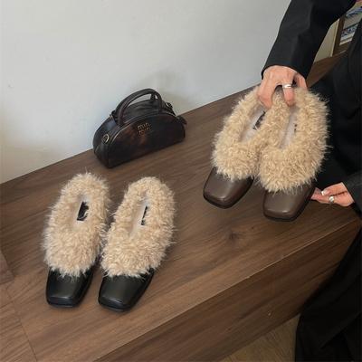 ~ Square Head Fluffy Shoes with One Foot, Retro Velvet To Keep Warm, Mary Jane Small Leather Shoes, Cotton Shoes, Thick Heels, Single Shoes.