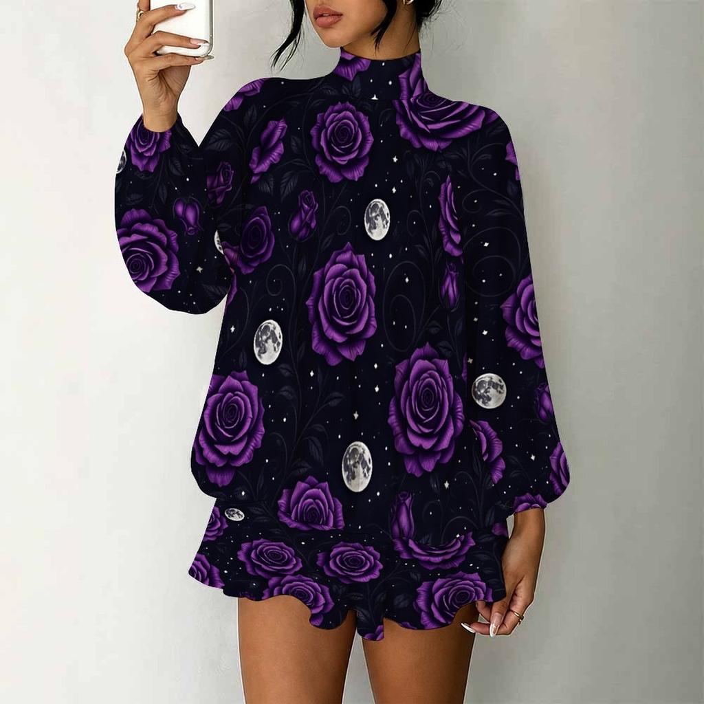 Women's 3D Halloween Motif Print Mock Neck Long Sleeve Dress, Raglan Sleeve Fake Two Piece Mini Dress