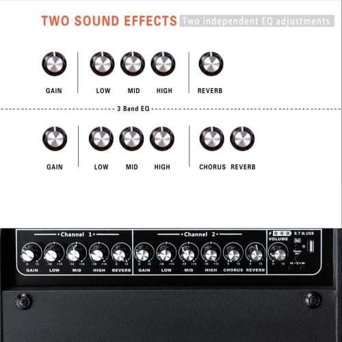 Coolmusic BP80 Battery-Powered Acoustic Guitar Amplifier - Portable BT Amplifier 100W, 6 Inputs, 3-Band EQ, Black