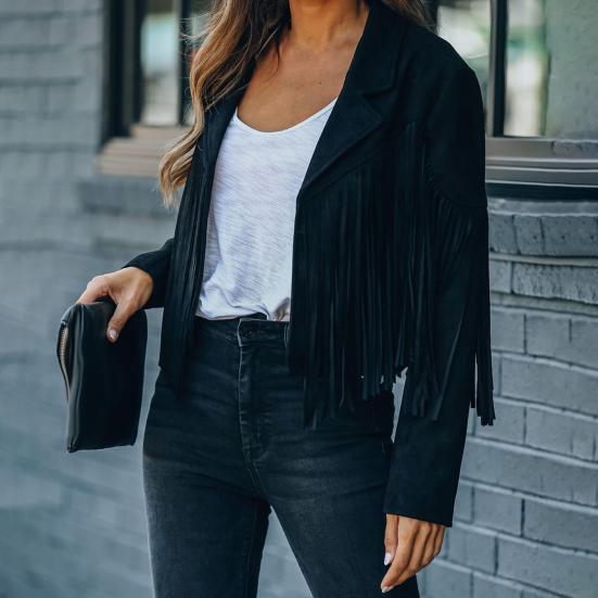 Women's Casual Tassel Jacket Long Sleeve Lapel Fringed Cropped Coat Faux Suede Motorcycle Outwear for Spring Autumn