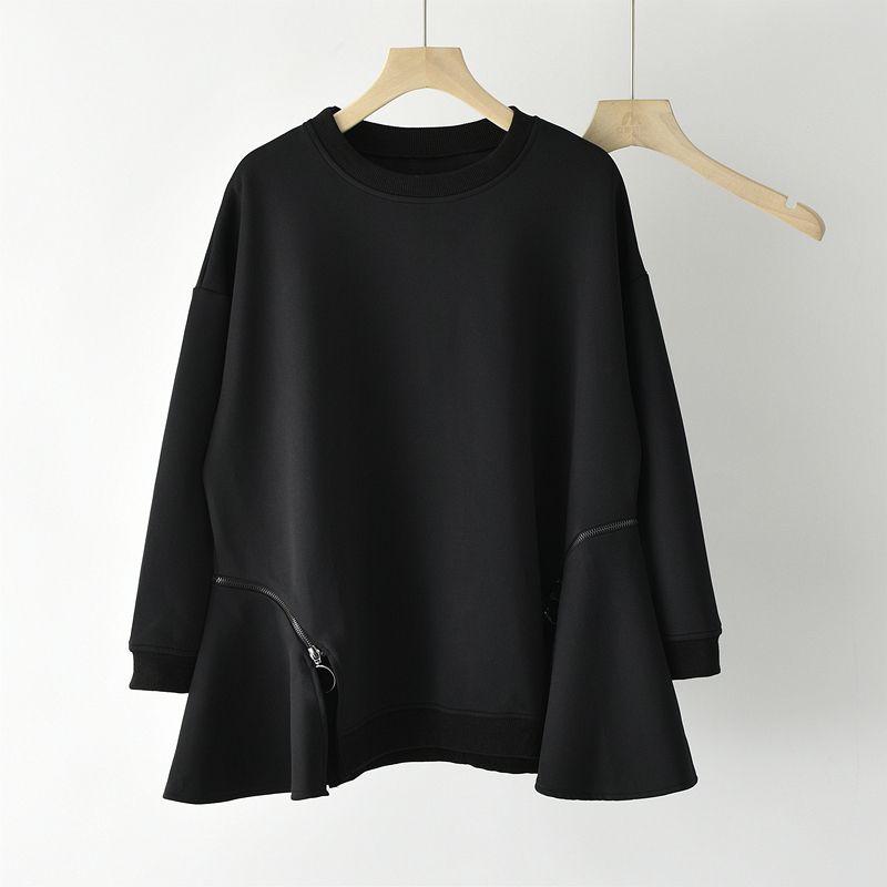 

Черное платье-пуловер с длинным рукавом, женское, весеннее, тонкое, на молнии, экспортное, асимметричный пуловер, маленький свободный повседневный топ Black M