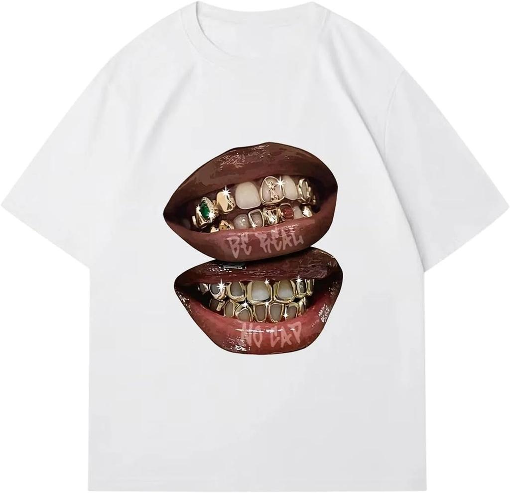 Women's Lip Print Pattern T-shirt Y2k Summer Round Neck Retro Streetwear Fashion Kawaii Minimalist Top