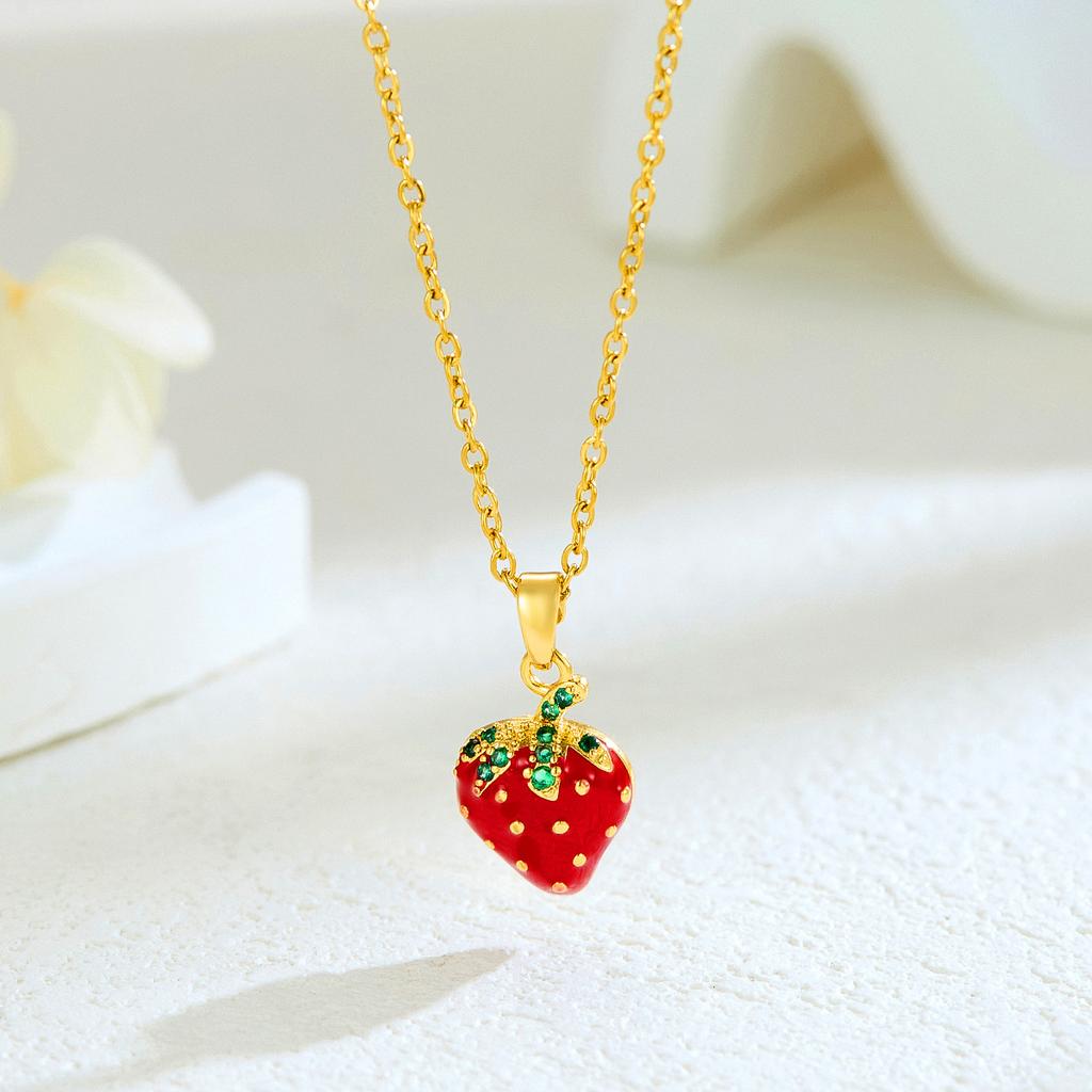 New Sweet and Cute Dripping Oil Strawberry Cherry Titanium Steel Necklace Female Simple Versatile Fruit Series Collarbone Chain