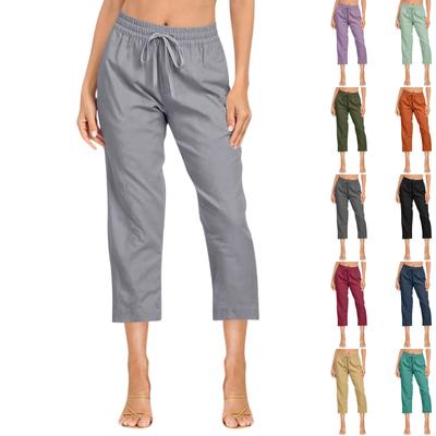 Women's Solid Color Cotton And Linen Trousers Loose 7-point Pants With Pockets