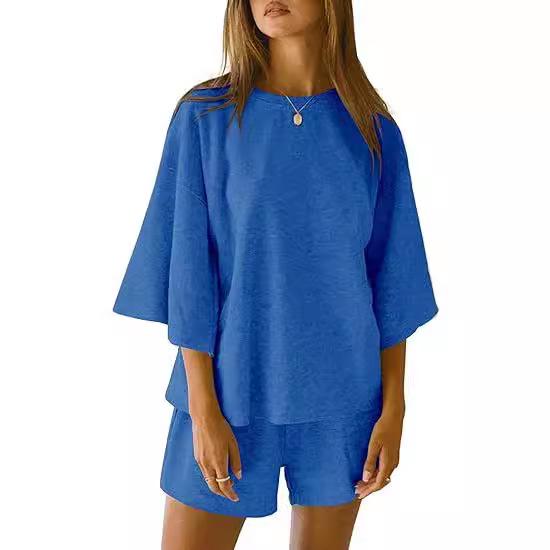 2025 Summer Women's 2-Piece Set: Seven-Sleeve Top & Elastic Waist Shorts