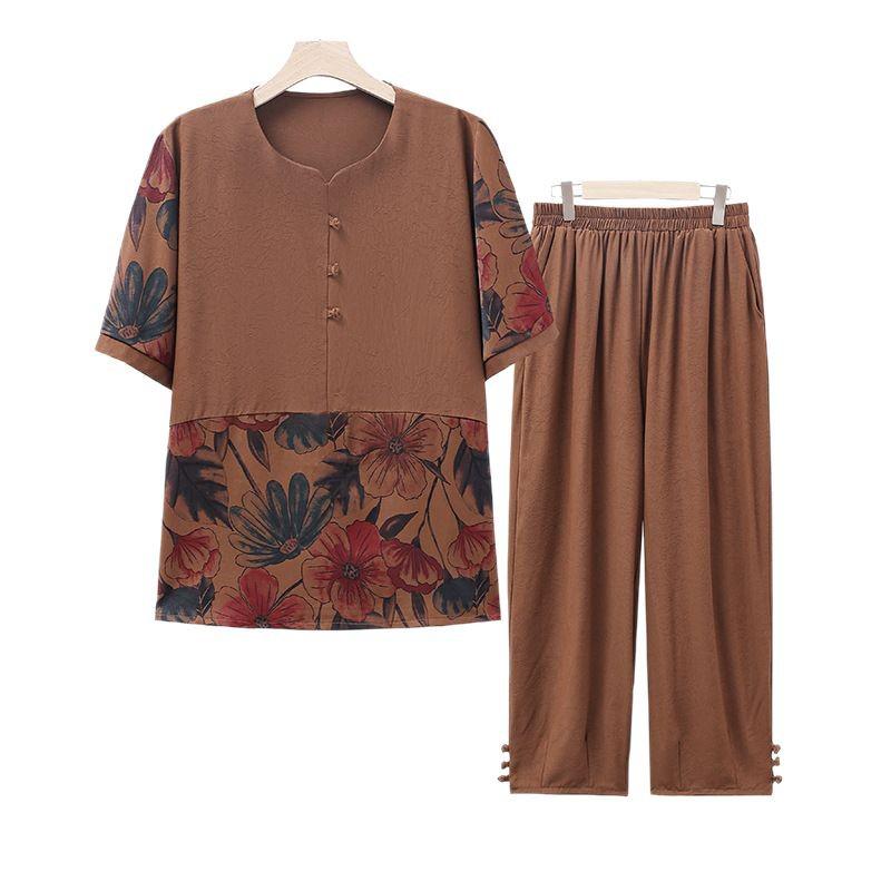 Set de vară cu mânecă scurtă pentru femei de vârstă mijlocie și în vârstă - ținută lejeră de slăbire din două piese