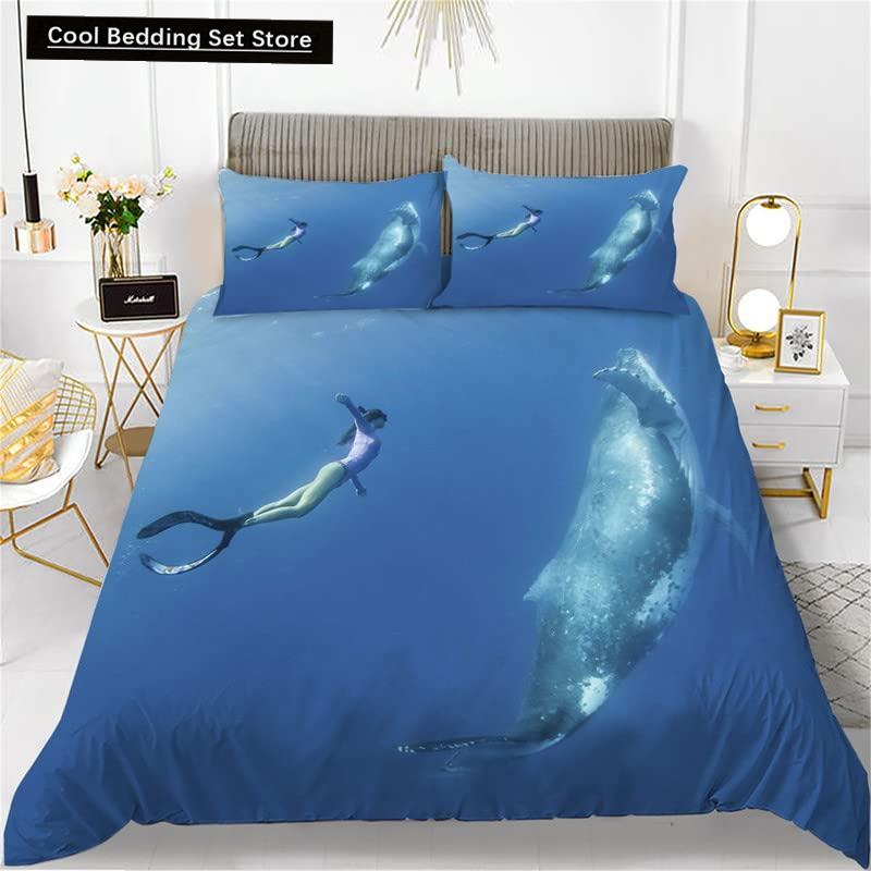 Whales King Queen Duvet Cover Ocean Animal Bedding Set Seaweed Starfish Marine Life Quilt Cover Blue Polyester Comforter Cover