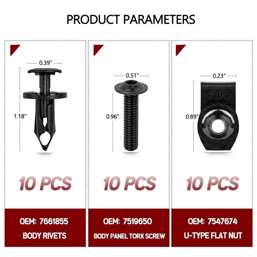 Xislet Set Of 30Pcs Body Panel Torx Screw 7519650, U-Type Flat Nut 7547674, Plastic Fastener Rivets 7661855 Compatible With UTV ATV Polaris Ranger