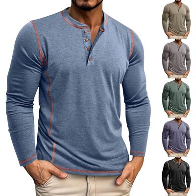 Herren Vier-Knopf-Oberteil Herbst Neu Langärmeliges T-Shirt mit Henry-Kragen Täglich Basic Reguläre Passform Linien-Spleißung Pullover-Tops