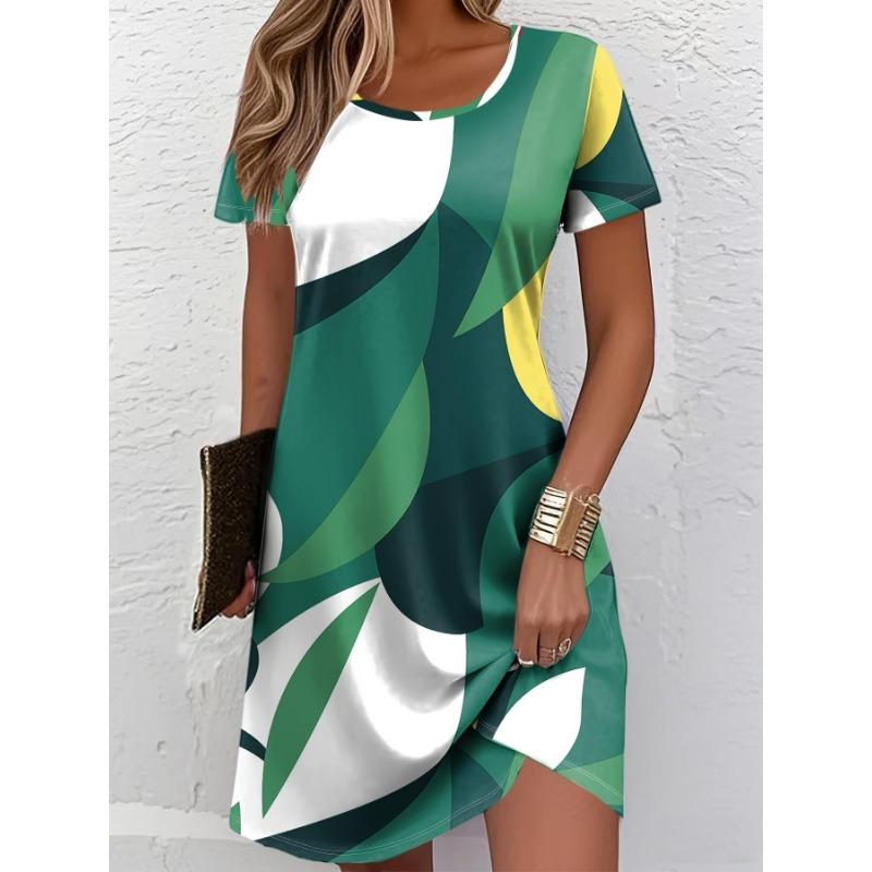 Women's Summer Short-Sleeve Minimalist Color-Blocked Dress—Loose-Fitting Breathable Fashionable Casual Beach Dress