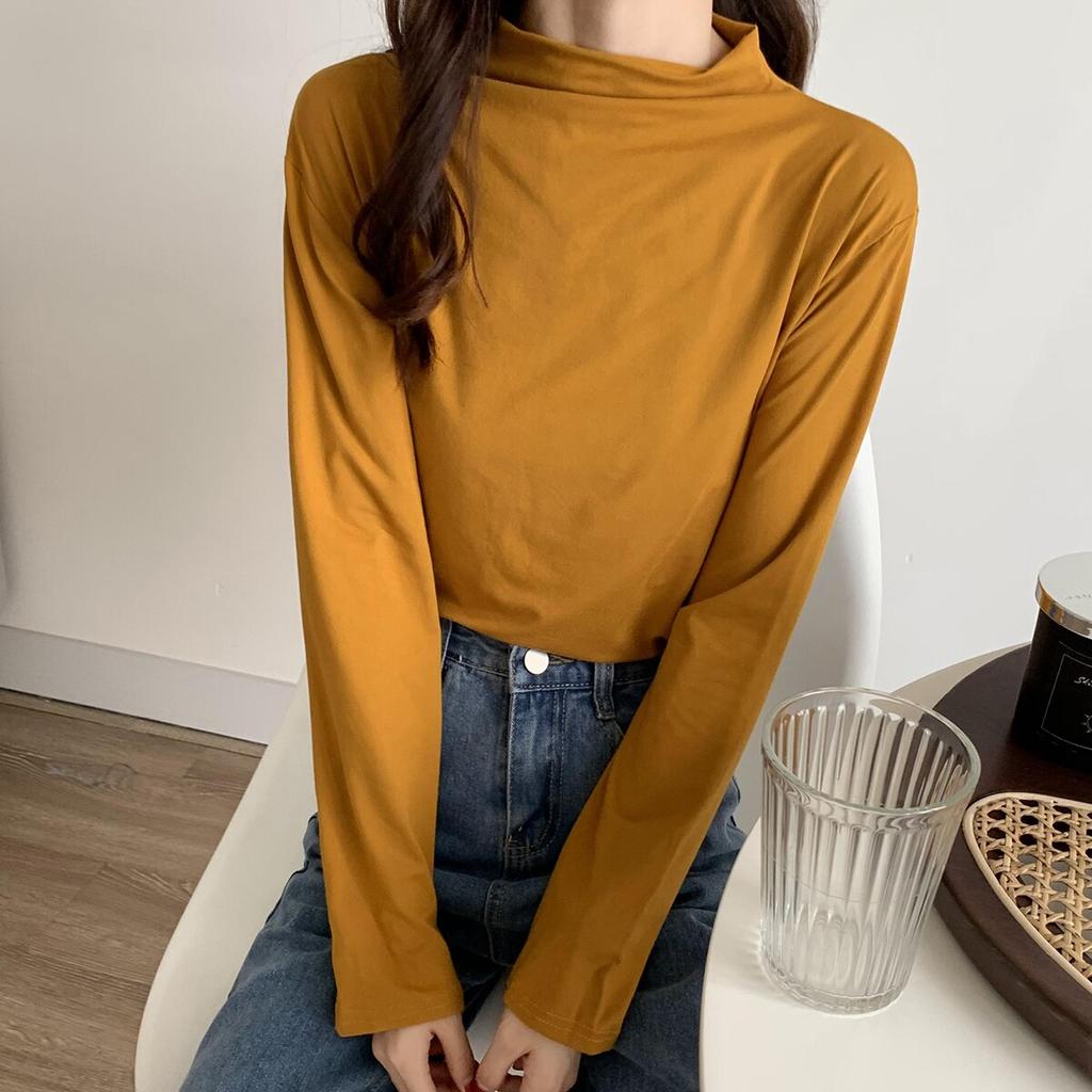 Langarm Shirt Bottom Frauen T-shirts Herbst Winter Mode Weibliche Beiläufige Dünne Hohe Elastische Mock Neck T-shirts Pullover Tops