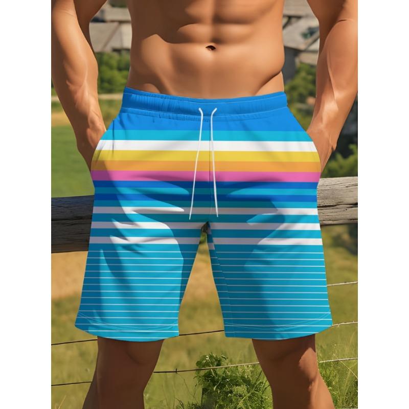 Men s Fashion Digital Print Beach Shorts Summer Quick-Dry Vacation Casual Shorts Trendy Striped Swim Trunks for the Beach, PLUS SIZE S
