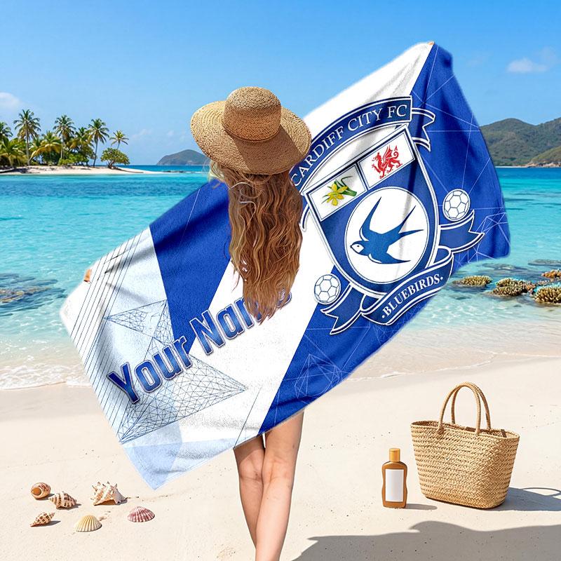 Cardiff City Custom Beach Towel, Personalized Name Text Print, Football Logo Soft Quick‑Dry Towel Holiday Gift