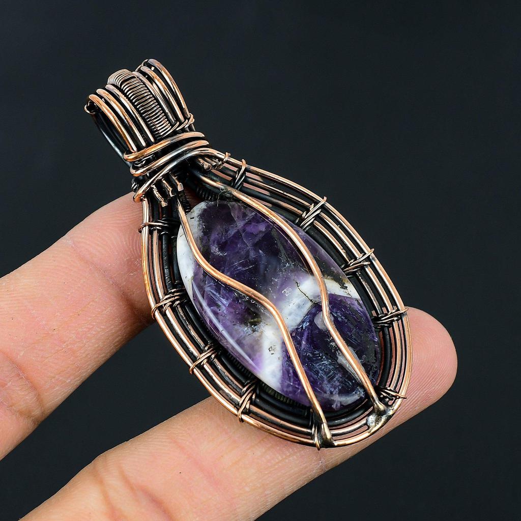 Handmade Amethyst Chevron Crystal Wire Wrapped Pendant Antique Copper Tree/Dolphin Motif Necklace Jewelry for Women & Men Unique Spiritual Gift