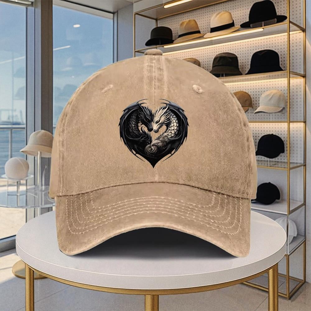 Dragon Heart Print Baseball Cap Washed Denim Retro Adjustable Buckle Loose, Comfortable And Adjustable