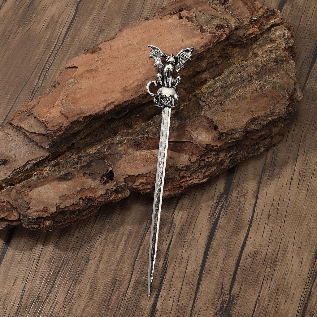 Retro Viking Witch Skull & Black Cat Sword Hairpin - Norwegian Style Party Jewelry