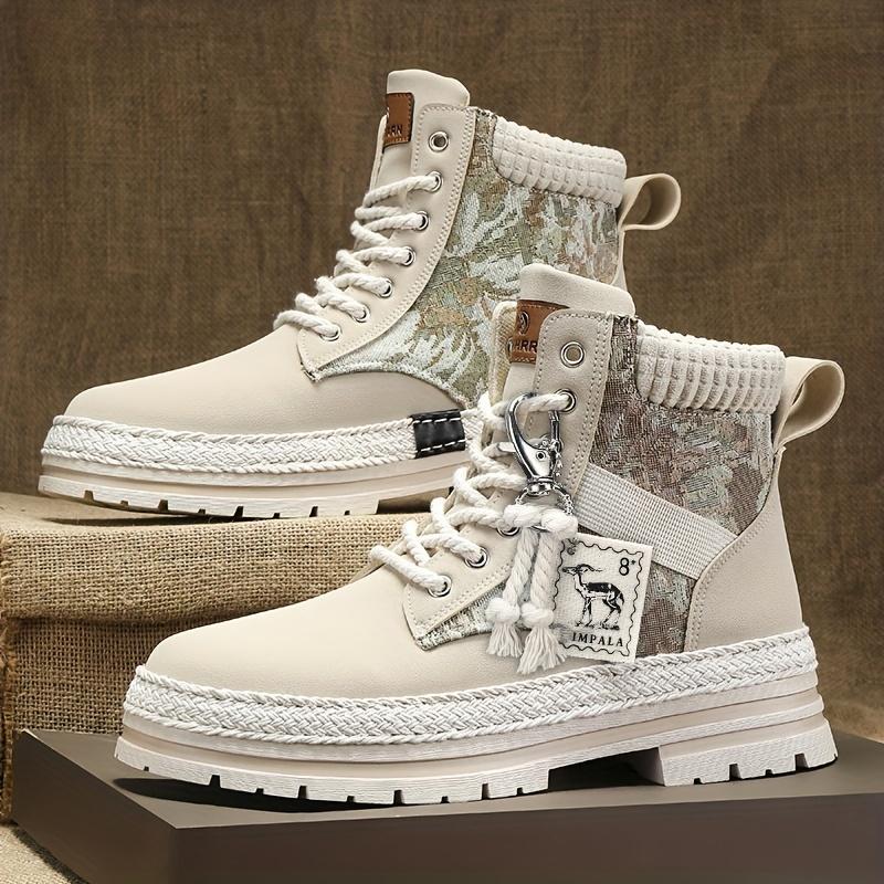 [Trendy High-Top Sneakers] Trendy High-Top Casual Sneakers - Men's Lace-Up Boots with Furry Collar & Side Zipper, Durable for Outdoor & Casual Attire