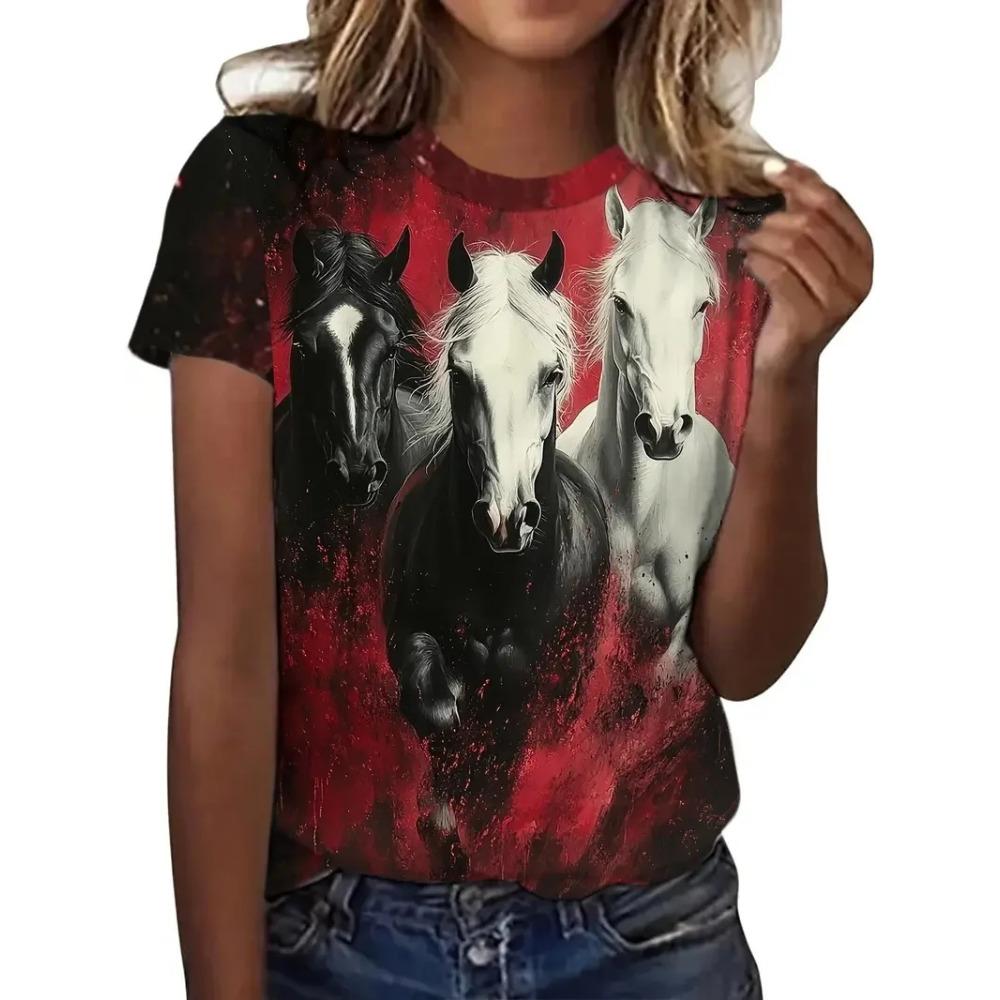 Women's Casual Round Neck T-shirt, Unique Horse Print Summer Short Sleeved Shirt