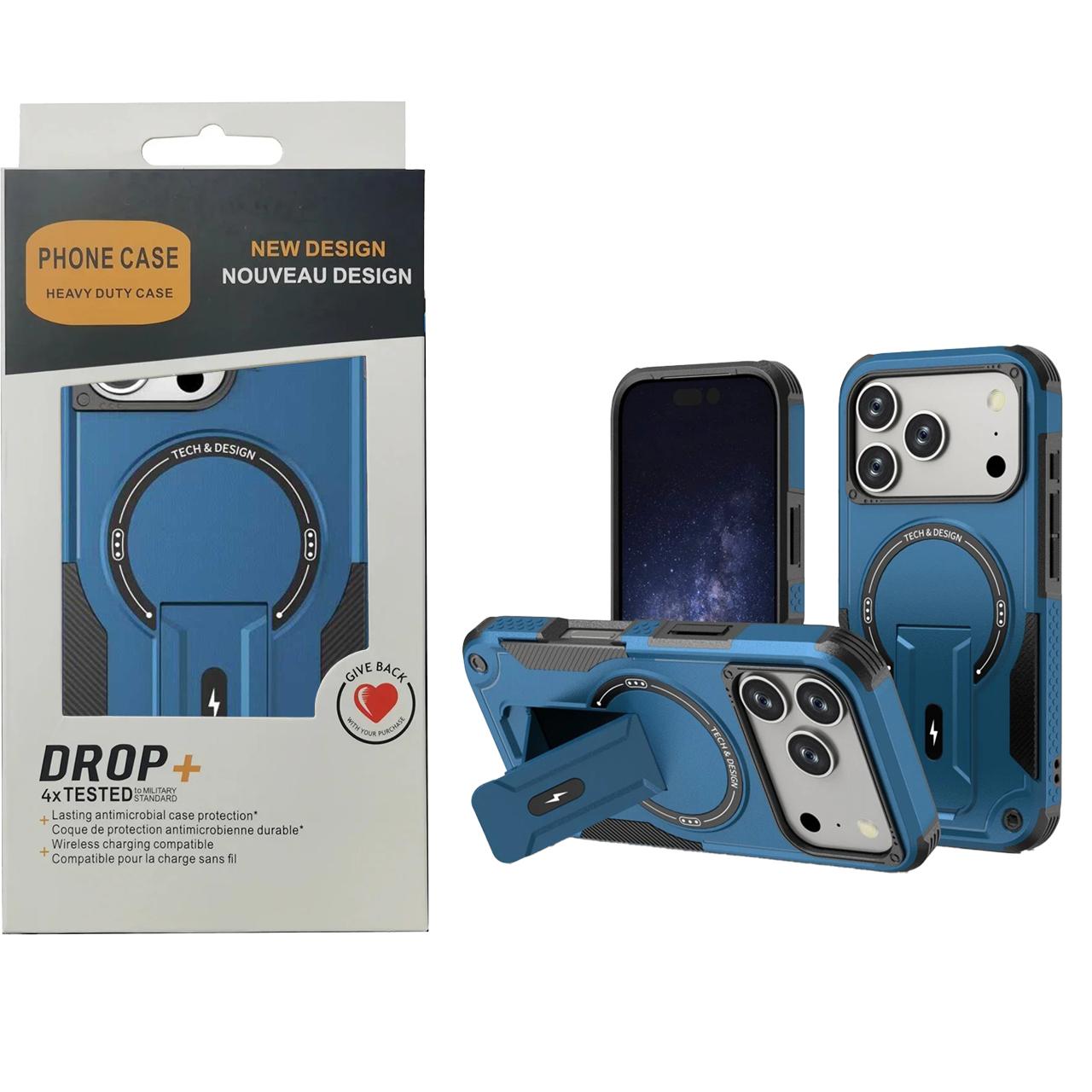 

Военный магнитный чехол-броня с подставкой для iPhone 17 Air 16 E 15 14 Plus 13 12 11 Pro Max Magsafe чехол для беспроводной зарядки iPhone 12 синий