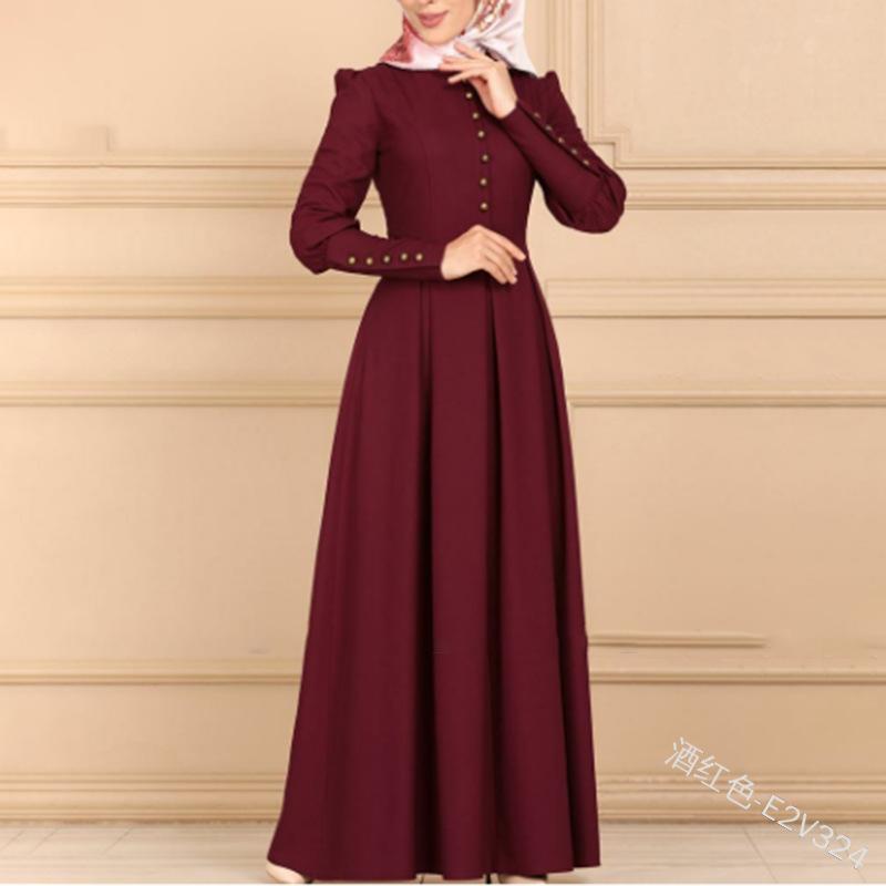 Middle Eastern Style Buttoned European and American Dress Slim Fit Large Hem Long Sleeve Decorative Button Retro Ethnic Style Gown Palace Style