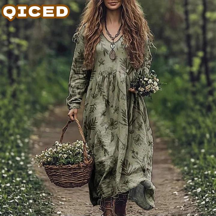 QICED Fashion Autumn Winter Long Sleeve V-Neck Casual Dresses
