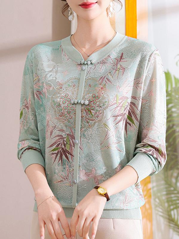 Elegant Long Sleeve Chinese Style T-Shirt for Middle-Aged and Elderly Women - Spring Patterned Elastic Top