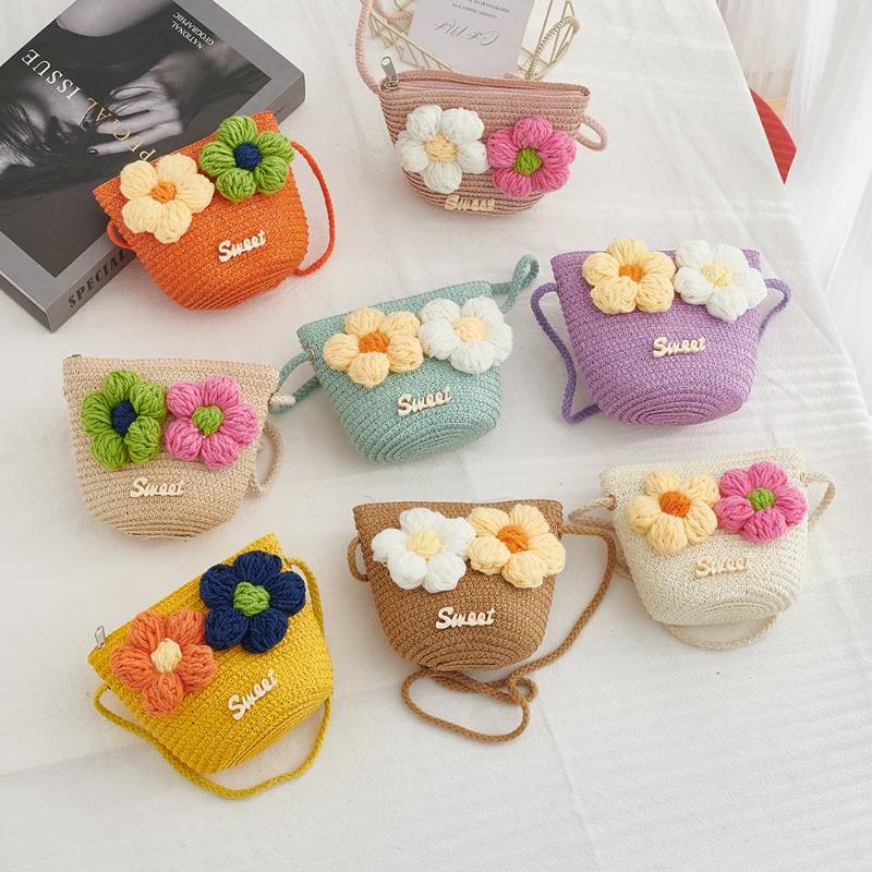 Summer Flower Baby Girls Straw Woven Shoulder Bags Outdoor Travel Kids Beach Crossbody Bucket Bag Casual Children Purse Handbags