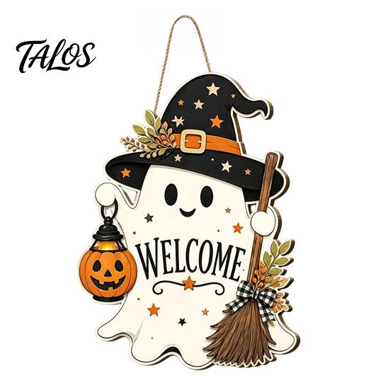 Halloween Party Decor Wooden Ghost Welcome Sign for Front Door, Rustic Cartoon Hanging Pumpkin Supplies Plaque with Wizard Hat And Broom Holiday Wall